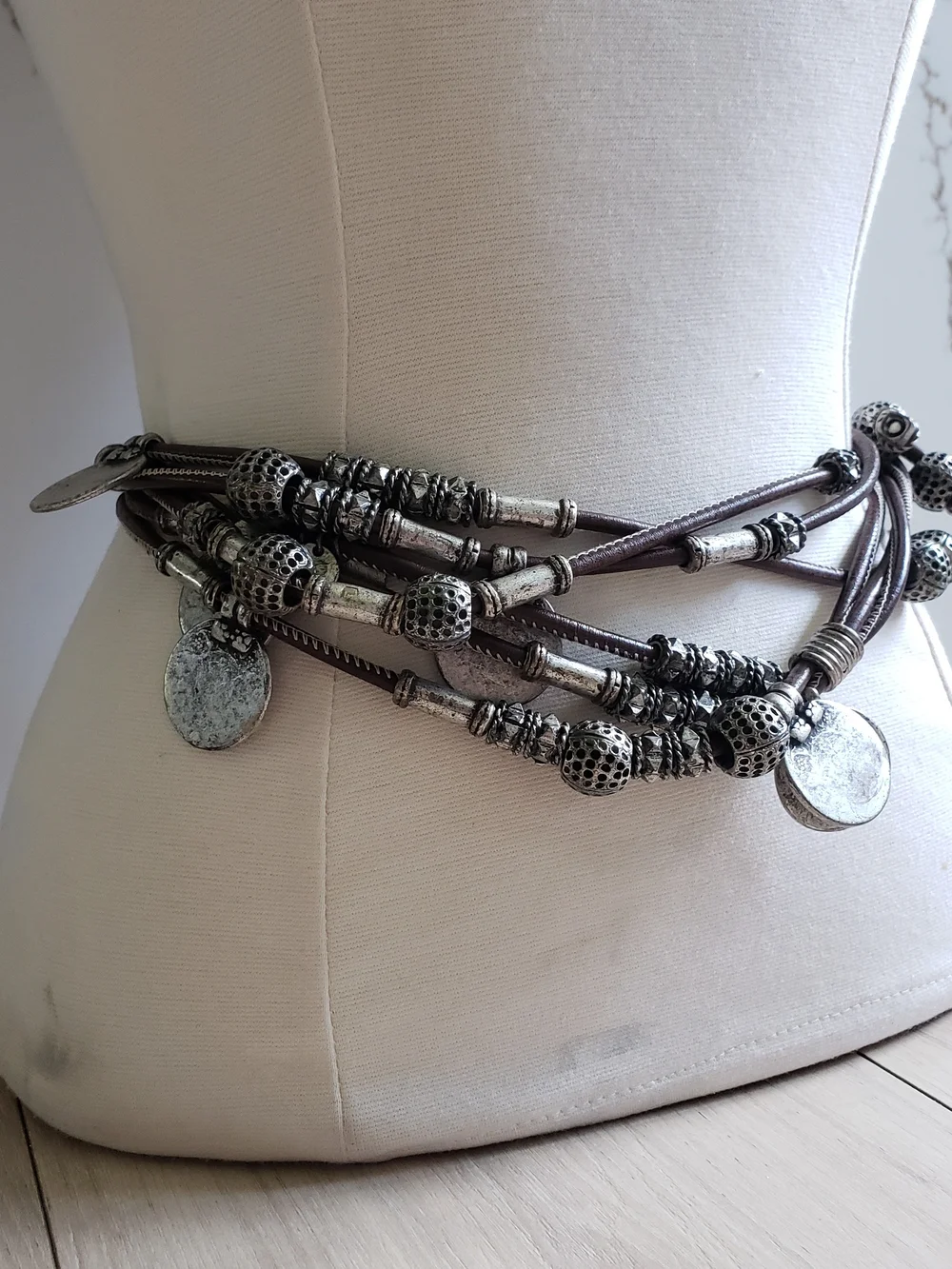 Vintage Etro Italian‎ Multi-Strand Leather Belt Silver Coin Charms Made in Italy